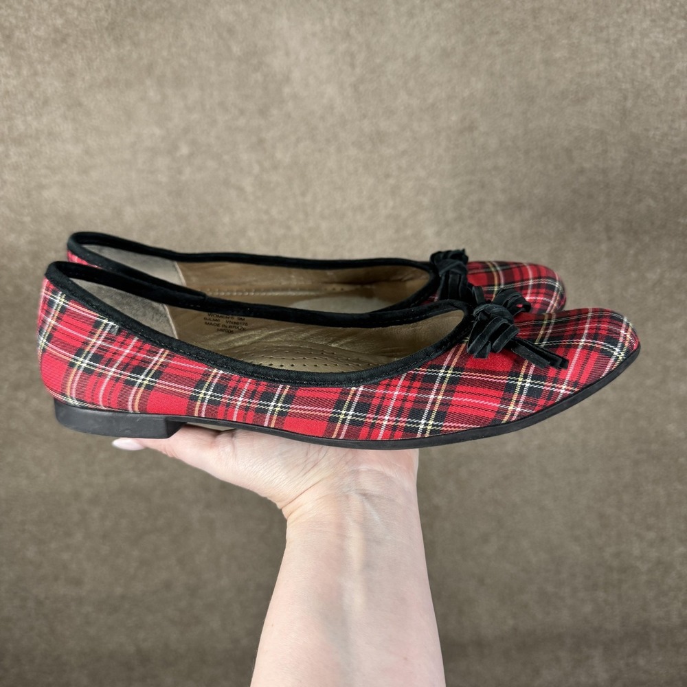L.L. Bean Ballet Flats Shoes Womens Size 9 Red Plaid Bow Slip On Comfort - Picture 2 of 9